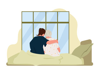 An elderly woman receiving compassionate home care from a caregiver in a cozy environment. Represents trust, support, and dignity in elderly healthcare and daily assistance.