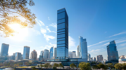 Fototapeta premium Modern Skyscraper Cityscape With Sunny Day