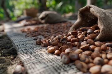 Heap of shea nuts spilling from a burlap sack onto a rustic woven mat.