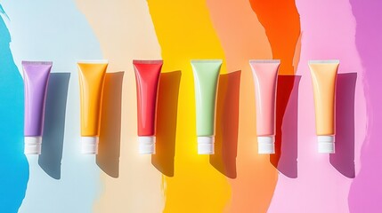 Colorful cosmetic tubes arranged on a vibrant abstract background