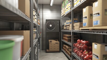 A 3D model shows industrial refrigeration equipment: a walk-in freezer with shelves stocked with boxes and a visible internal fan.  Ideal for frozen food storage in restaurants.
 