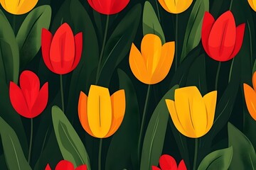 Obraz premium Vibrant Red and Yellow Tulip Floral Seamless Pattern