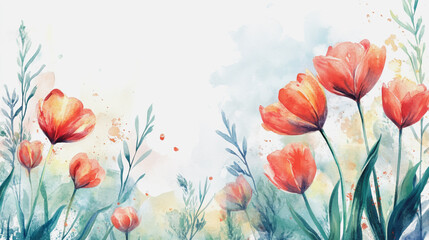 watercolor botanical Tulip flowers texture template background.Elegant wedding invitation card background . Minimal hand painted Design for wedding or Valentine's Day
