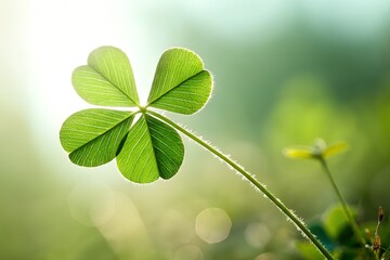 Four-leaf clover shines brightly in natural setting during springtime, symbolizing good luck and optimism while surrounded by lush greenery Generative AI