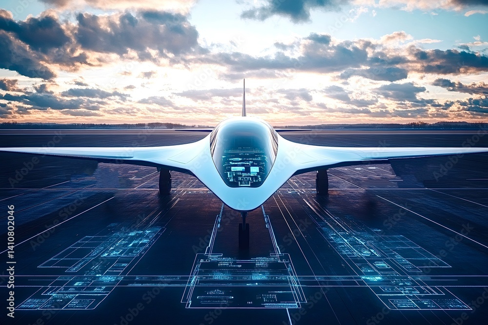 Poster futuristic jet airplane parking on smart runway with displaying hologram data