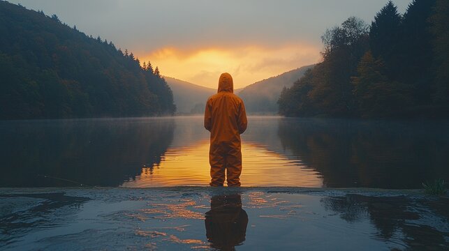 Person in orange hooded suit facing lake at dawn; scenic landscape