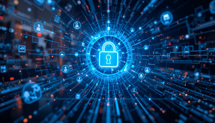 Obraz premium Two individuals work at a table with laptops, surrounded by glowing digital icons and a central padlock symbol, suggesting cybersecurity.