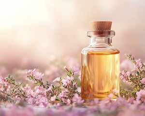 A bottle of oil surrounded by pink flowers.