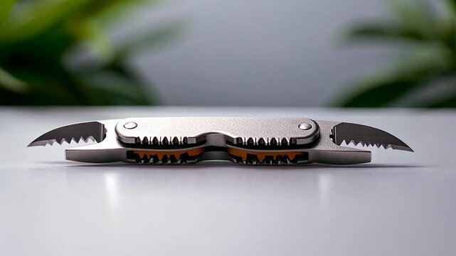 Close-up of a multi-tool with serrated blades on a clean surface, surrounded by greenery