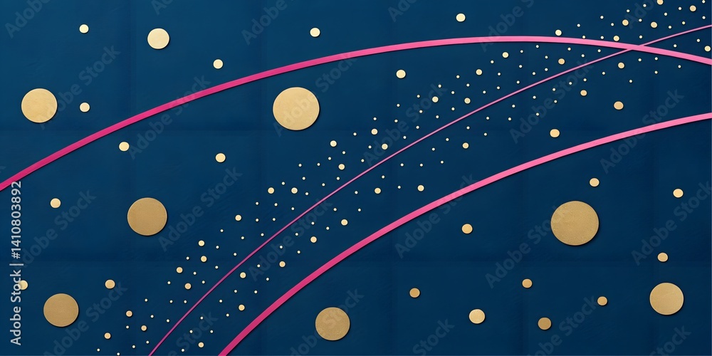 Poster abstract design featuring golden circles and pink lines on a deep blue background, showcasing a mode