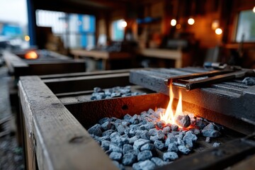 A bright fire burns in a workshop, where metal is being forged, highlighting the raw power and craftsmanship involved in metalworking and the transformation of elements.