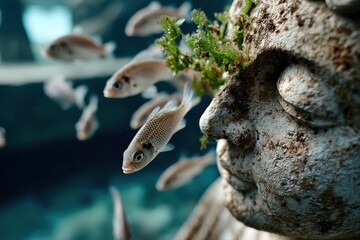 Obraz premium A detailed sculpture of a serene face underwater with fish swimming around it, harmonizing art and nature, invoking thoughts of past civilizations and their stories.