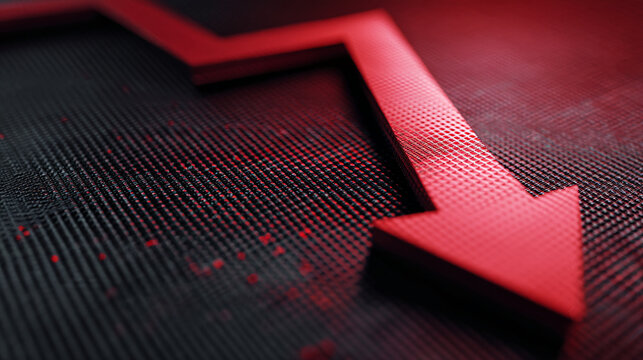 Red arrow pointing down on dark textured background, symbolizing decline, fall, or negative trend, suitable for financial or economic contexts