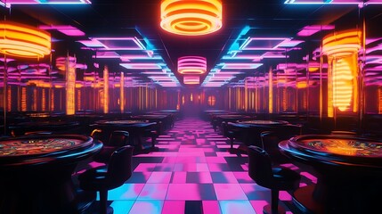 A stylish casino with sleek black tables, mirrored walls, and glowing neon lights 
