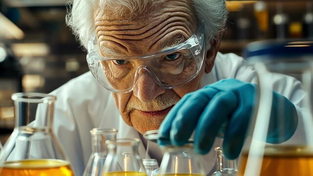 A focused scientist conducts an experiment in a lab, surrounded by colorful liquids, emphasizing precision and research innovation.