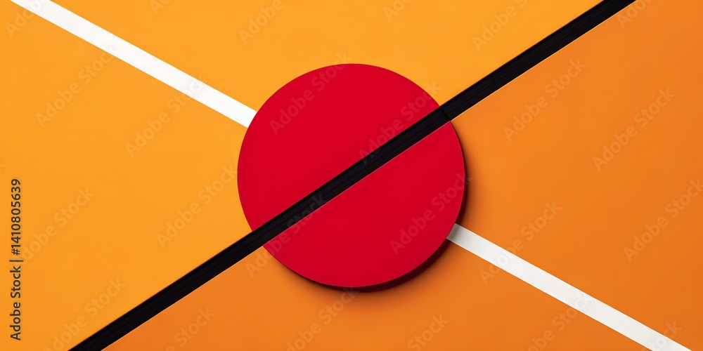 Poster red circle positioned on a background of orange and black diagonal lines with contrasting white stri
