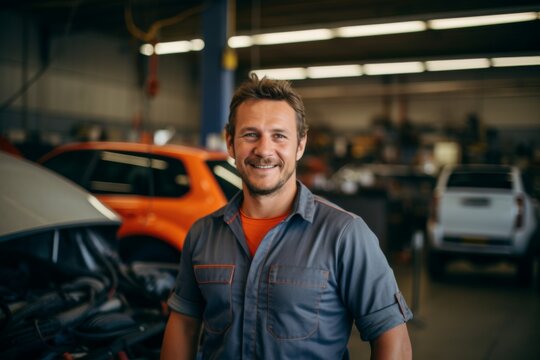 Middle Aged Caucasian car mechanic in a car mechanic shop smiling portrait