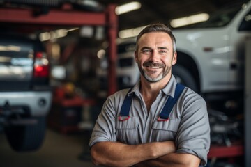 Fototapeta premium Middle Aged Caucasian car mechanic in a car mechanic shop smiling portrait
