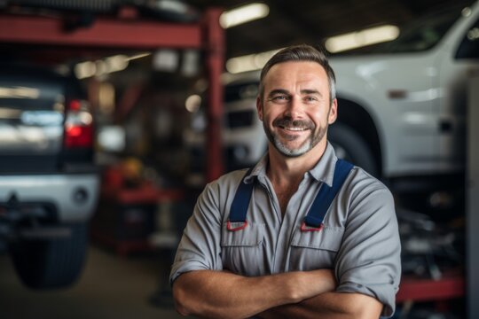 Middle Aged Caucasian car mechanic in a car mechanic shop smiling portrait