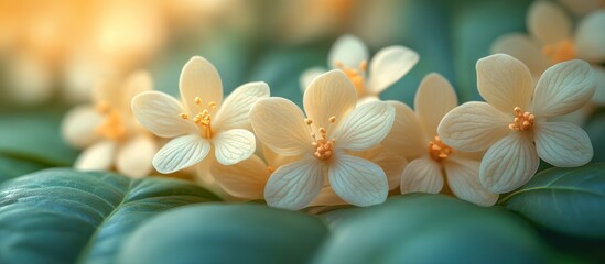 Close-up of delicate, creamy-white flowers blooming on lush green foliage in soft sunlight.
