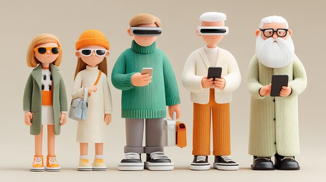 Inclusive Family Using Smart Tech Devices in Daily Life &ndash; 3D Illustration of AR, Tablets, and Voice Assistants Across Generations. Wallpaper 3d Concept