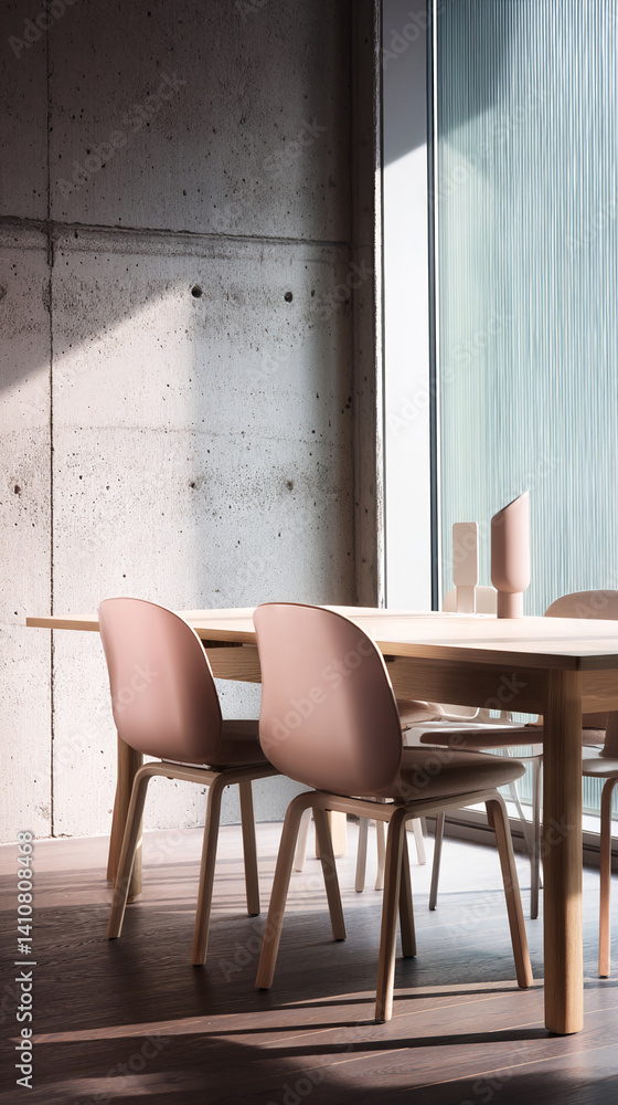Poster wooden table with pink chairs in a modern room with concrete wall and large window, showcasing minim