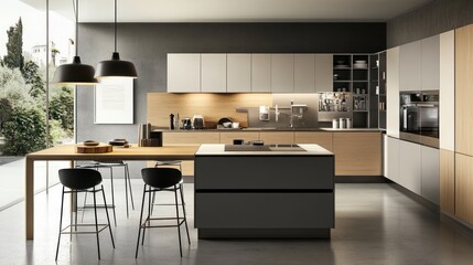 Modern kitchen island design, wood cabinets, city view. Use Interior design catalog