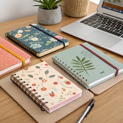 Floral Spiral Notebooks with Laptop and Plant on a Wooden Desk