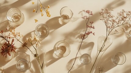 Beige backdrop featuring empty glass vases, viewed from above.
 