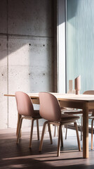 Wooden table with pink chairs in a modern room with concrete wall and large window, showcasing minimalist interior design ideal for showcasing products or creating a calm atmosphere