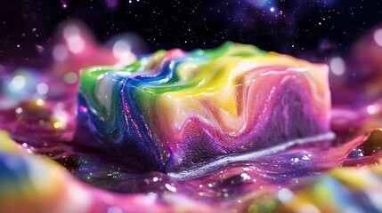 A surreal fudge with radiant swirls floating in a cosmic dessert display 