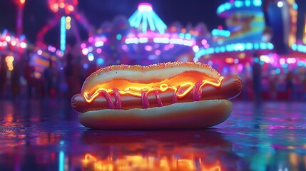 A surreal hot dog with a glowing bun floating in a neon-lit carnival 