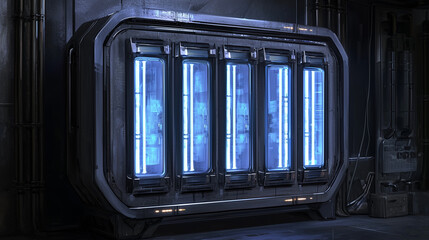 Obraz premium Futuristic cryogenic storage chamber with glowing blue lights in a high-tech sci fi laboratory environment.