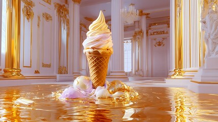 A surreal ice cream cone melting into a pool of liquid gold in a luxurious room 