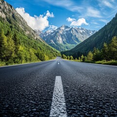 Fototapeta premium Blue sky over asphalt road, mountain view.