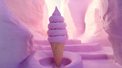 A surreal ice cream cone shaped like a spiral staircase in a dreamlike void 