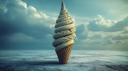 A surreal ice cream cone shaped like a spiral staircase in a dreamlike void 
