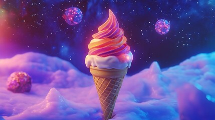 A surreal ice cream cone with glowing patterns floating in a cosmic dessert shop 