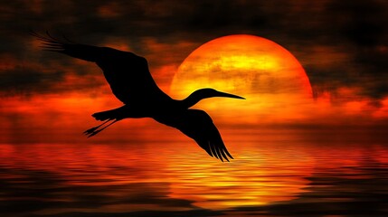 A graceful bird silhouette soaring through the sky, set against a dark and dramatic sunset.

