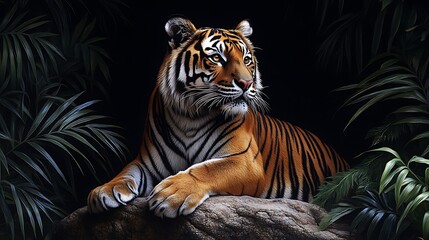 Fototapeta premium Majestic Tiger Resting on Rock in Dark Jungle Setting