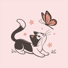 Cute Cat and Butterfly Logo – Playful Cartoon Style Vector Illustration for Pet and Nature Themes