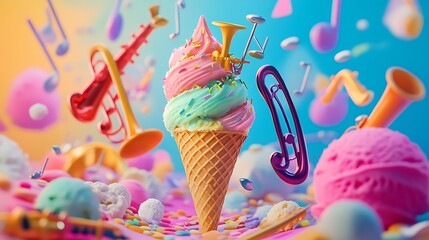 A surreal ice cream cone with scoops shaped like musical instruments in a colorful symphony 