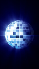 A futuristic blue digital disco ball with reflective tiles, glowing against a dark background with radiant light streaks