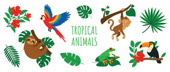 Set of cute tropical animals and jungle leaves. Cartoon sloth, parrot, monkey, toucan and frog with exotic plants and flowers. Flat vector illustration for kids, cards and decor.