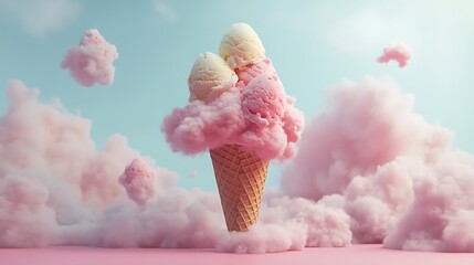 A surreal ice cream cone with scoops resembling fluffy clouds floating in a dreamscape 