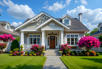 Fototapeta premium Small suburban bungalow with blooming rhododendrons and manicured lawn on a sunny day.