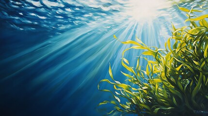 Vibrant underwater scene with sunlit yellow seaweed art blue life kelp rays ocean green plant light