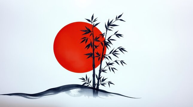 Minimalist Bamboo and Red Sun Japanese Ink Art Illustration