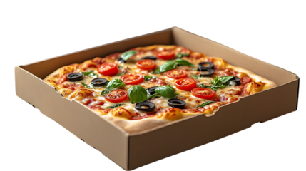 Delicious Freshly Baked Pizza in a Box Topped with Cherry Tomatoes Basil Leaves and Black Ol