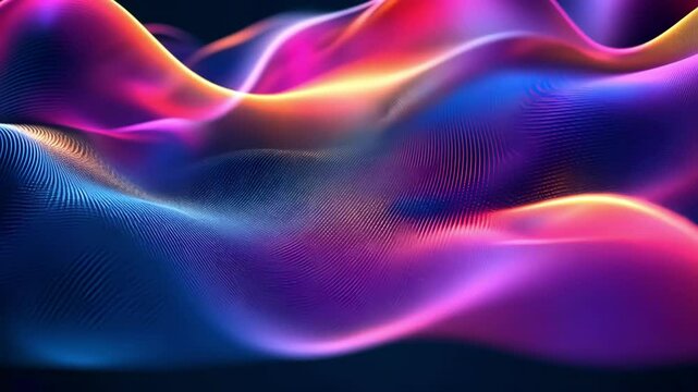A vibrant, dynamic visual of flowing waves showcases colorful light patterns, creating an immersive experience with a modern art aesthetic.